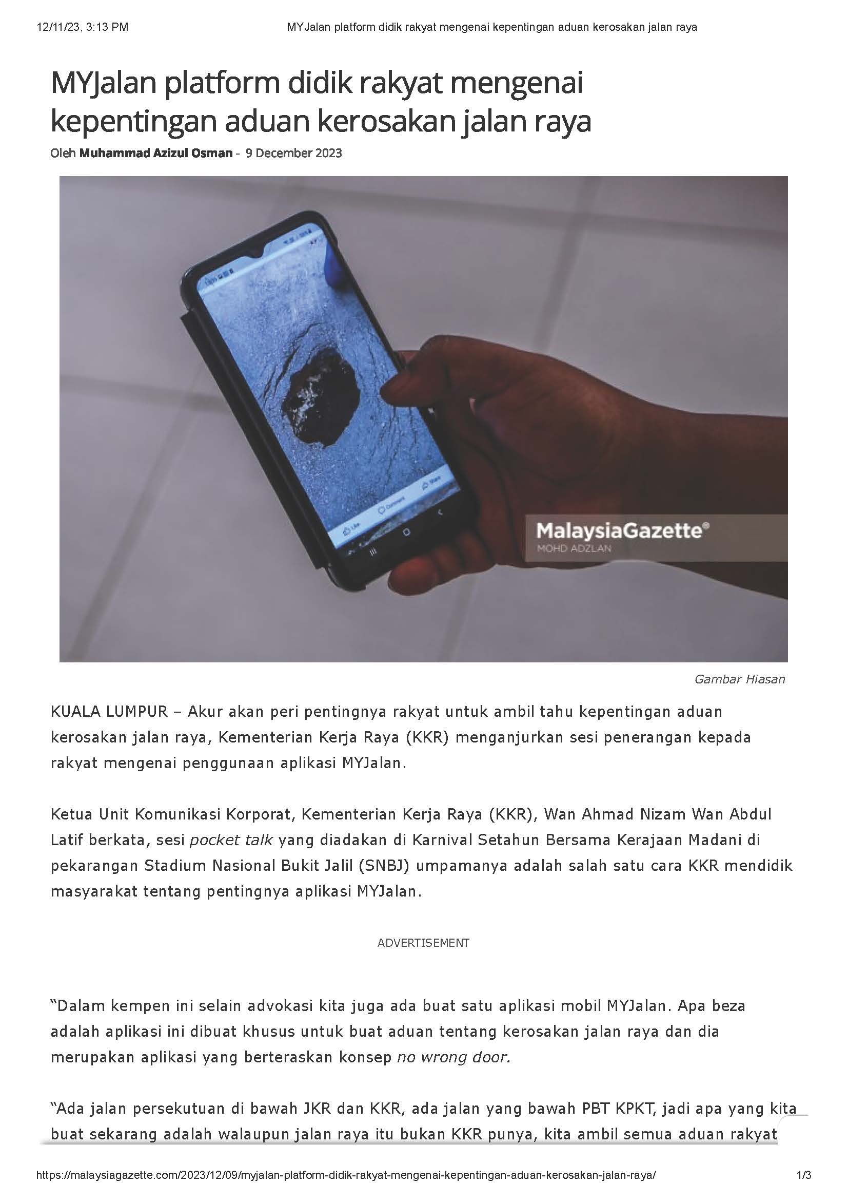 9 Dis 2023, Kuala Lumpur - MYJalan platform didik rakyat mengenai kepentingan aduan kerosakan jalan raya (MalaysiaGazette)