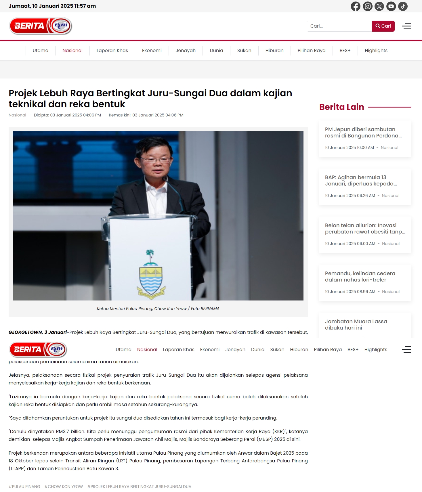 3 Januari 2025, Georgetown - Projek Lebuh Raya Bertingkat Juru-Sungai Dua dalam kajian teknikal dan reka bentuk (Berita RTM)