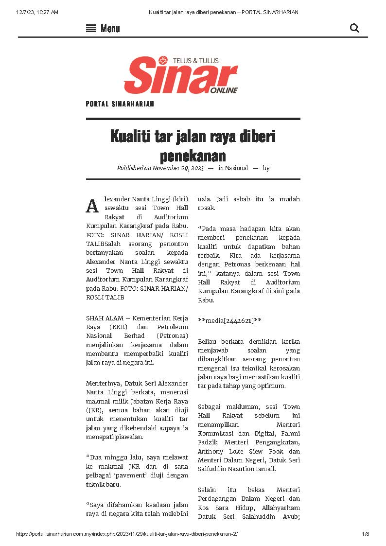 29 Nov 2023, Shah Alam, Selangor – Kualiti tar jalan raya diberi penekanan (Sinar Harian)