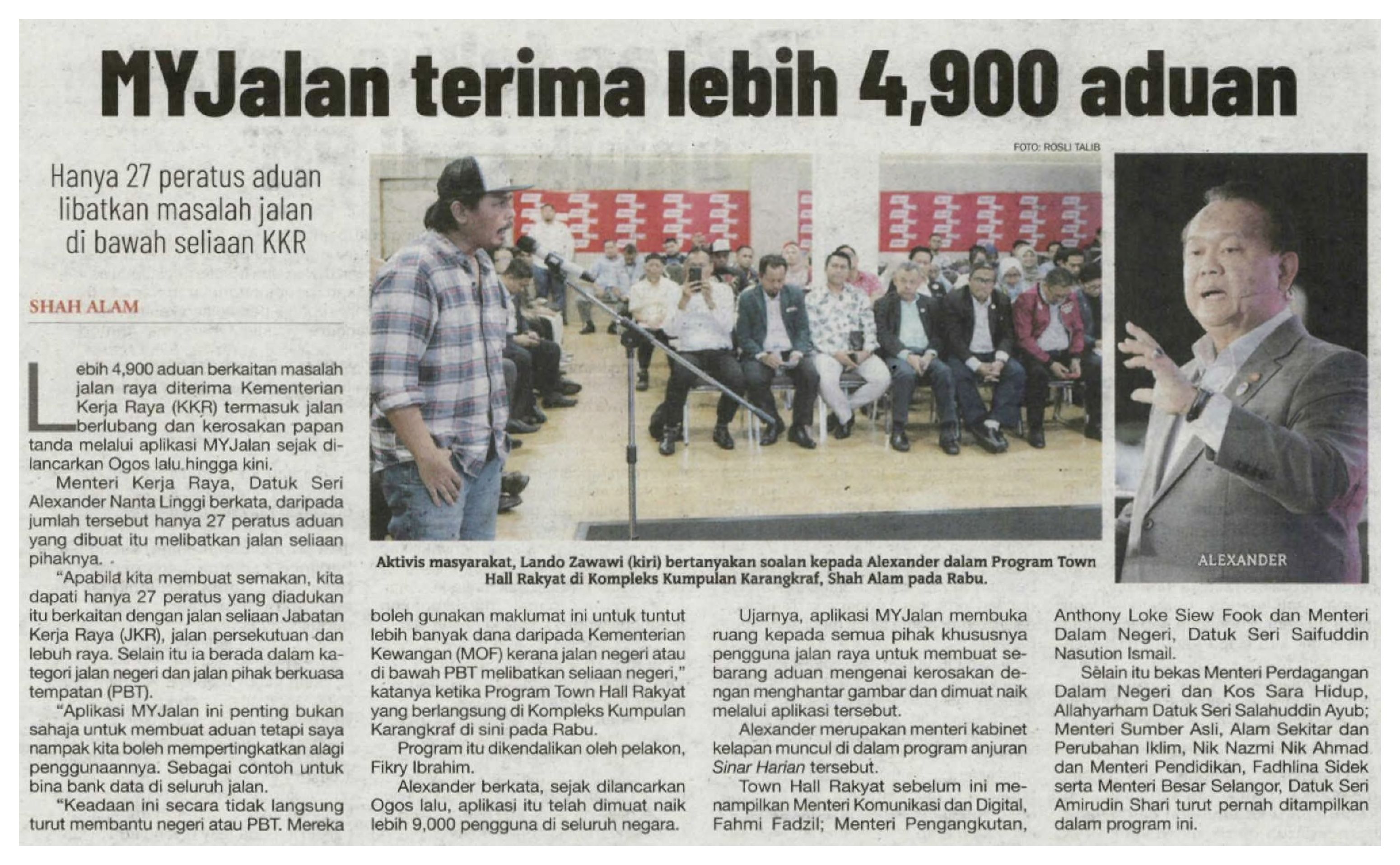 29 Nov 2023, Shah Alam, Selangor – MyJalan terima lebih 4,900 aduan (Sinar Harian)