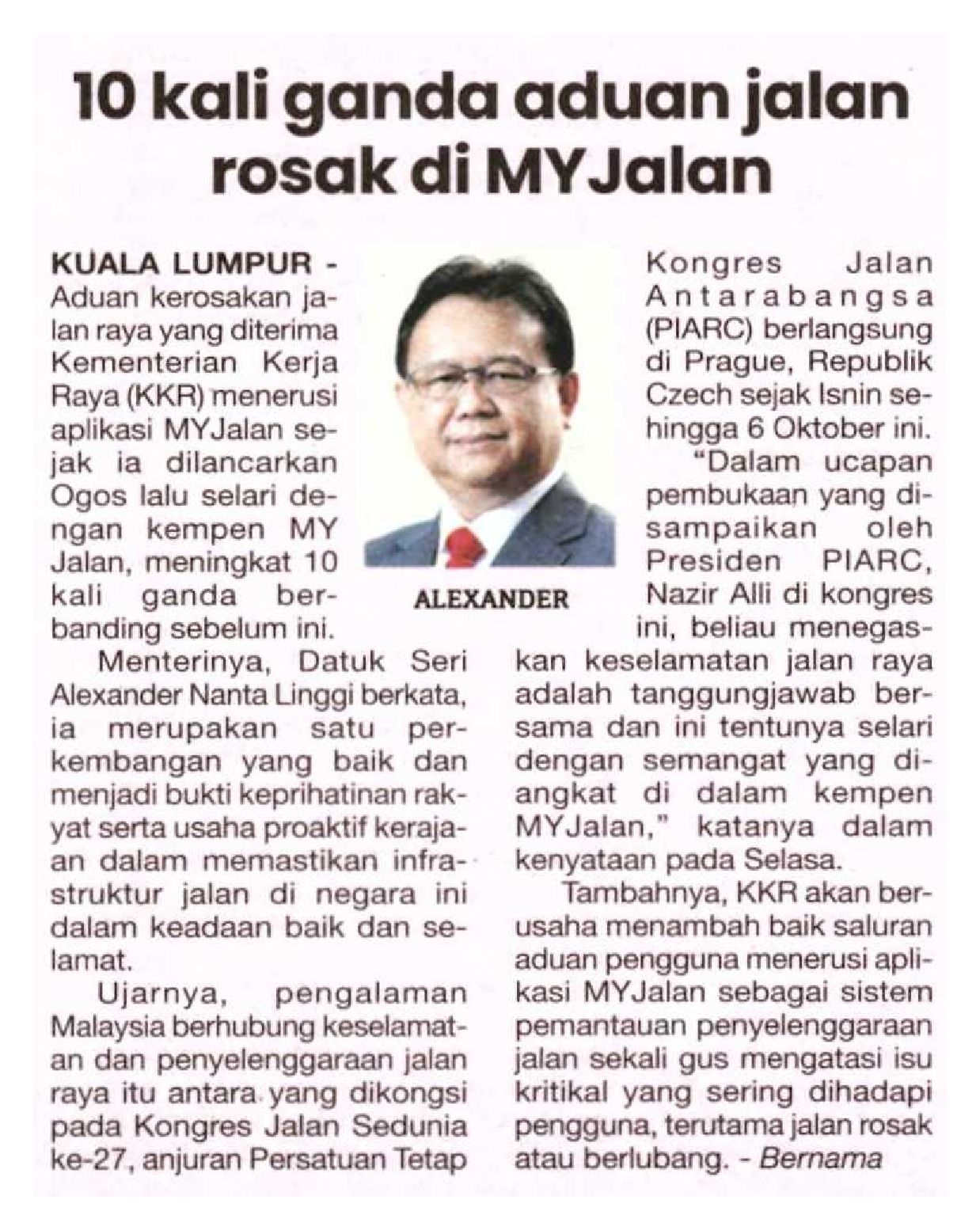 3 Okt 2023, Kuala Lumpur - 10 kali ganda aduan jalan rosak di MYJalan (Sinar Harian)