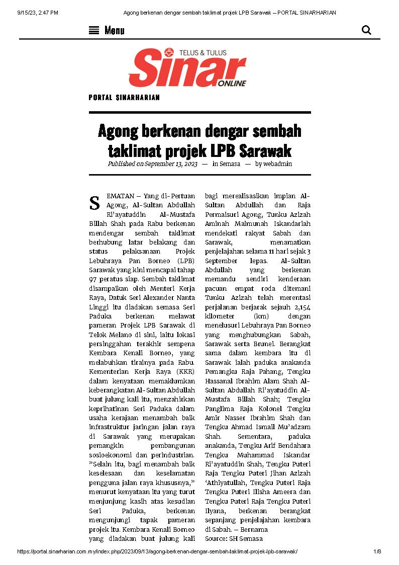 13 Sept 2023, Sematan – Agong berkenan dengar sembah taklimat Projek LPB Sarawak (Sinar Harian)