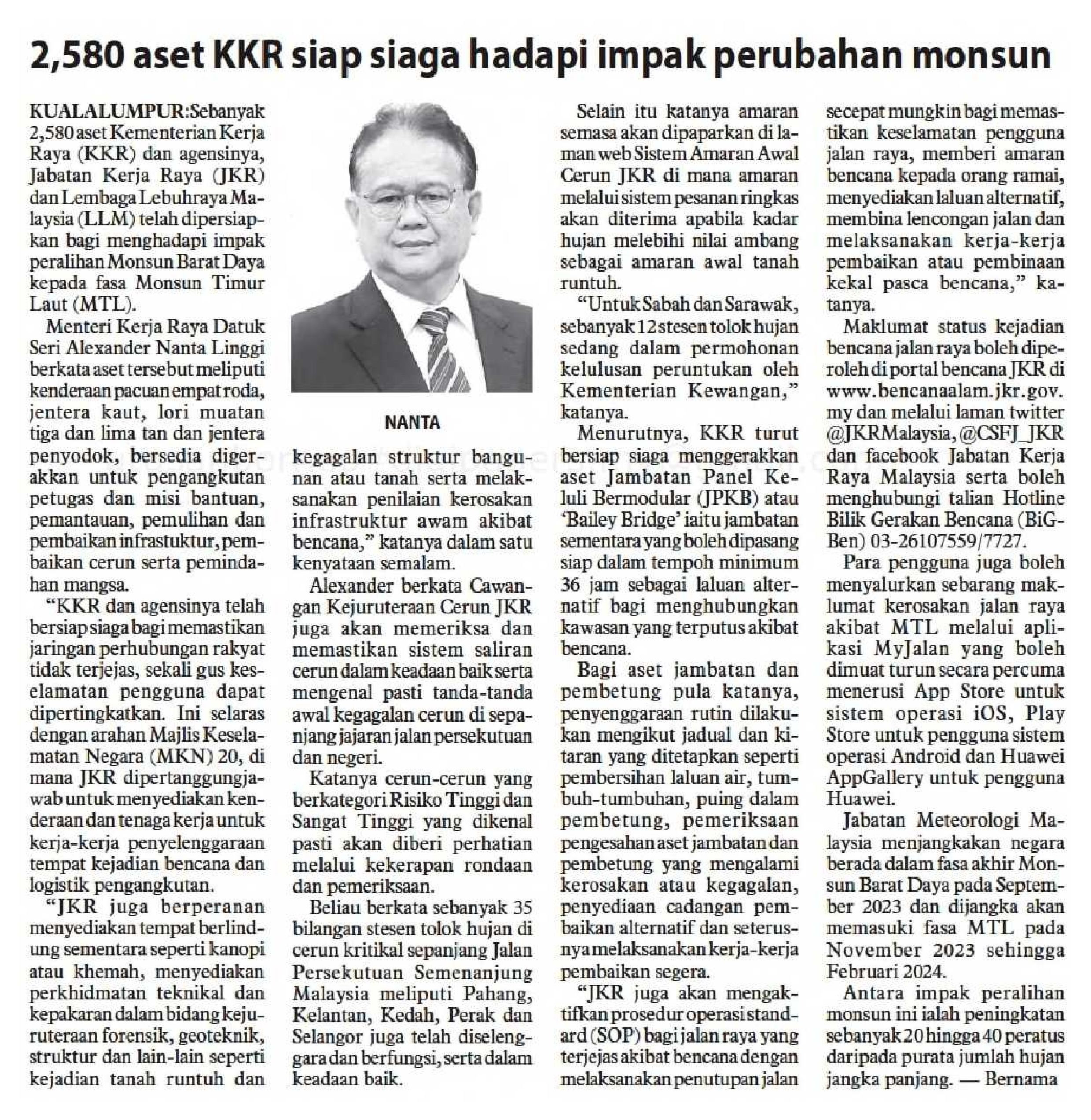 27 Sept 2023, Kuala Lumpur – 2,580 aset KKR siap siaga hadapi impak perubahan monsun (Utusan Borneo)