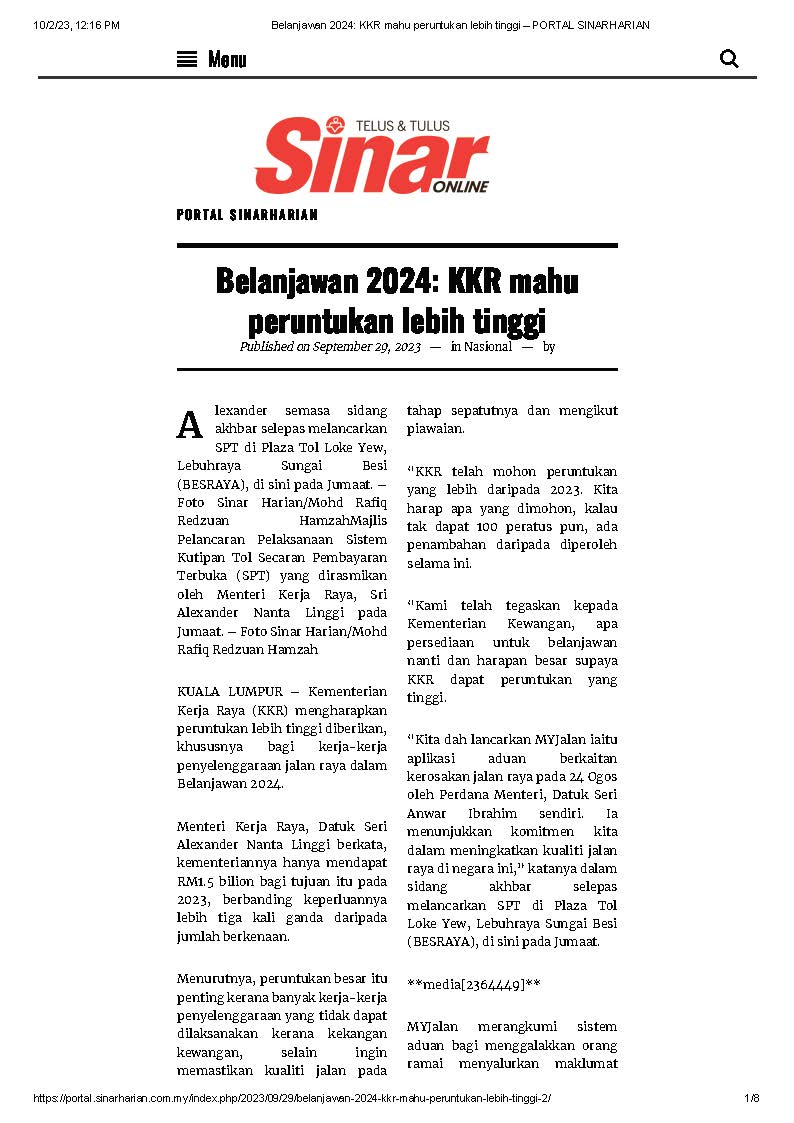 29 Sept 2023, Kuala Lumpur – Belanjawan 2024_ KKR mahu peruntukan lebih tinggi (Sinar Harian)