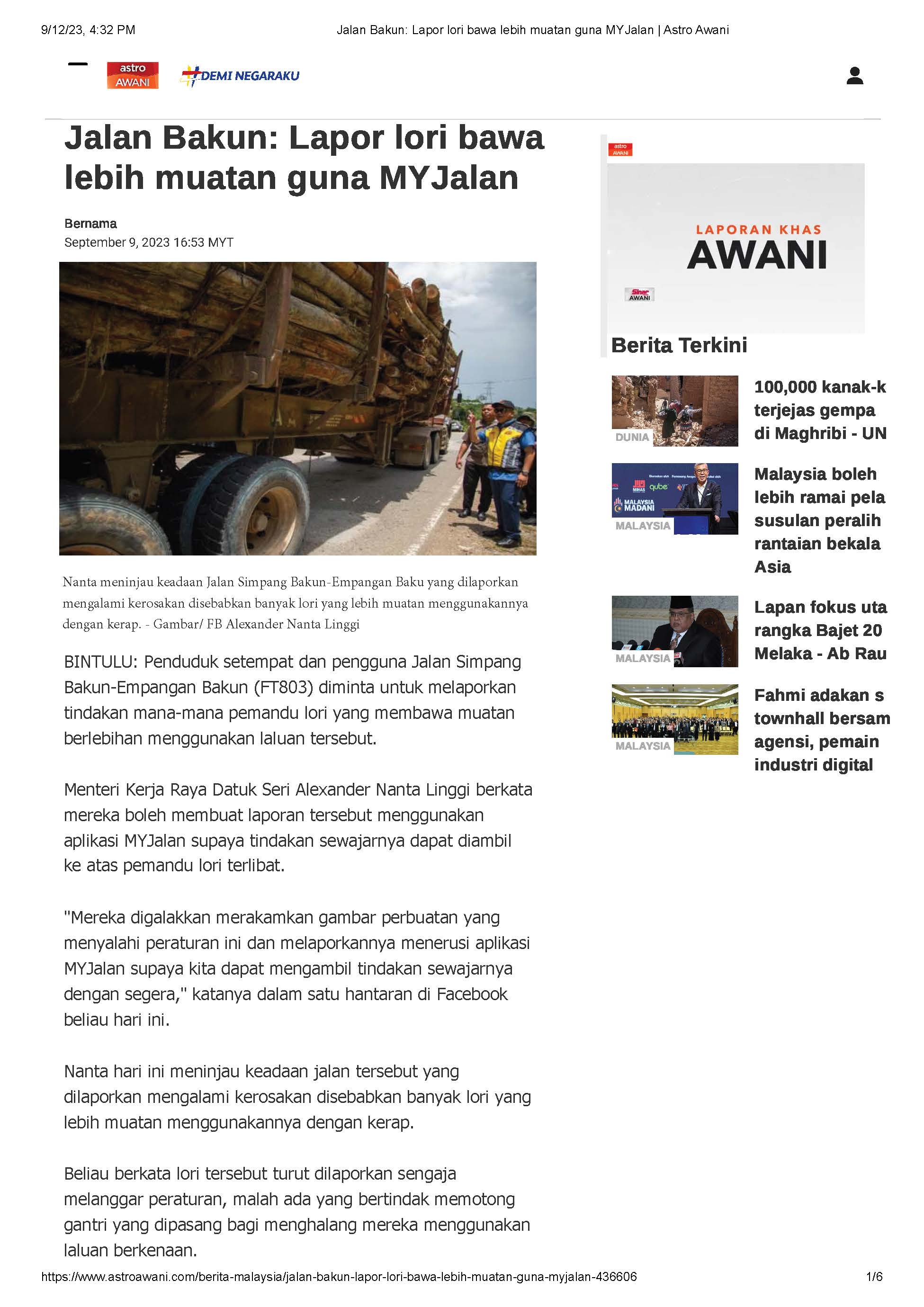 9 Sept 2023, Bintulu, Sarawak – Jalan Bakun_  Lapor lori bawa lebih muatan guna MyJalan (Astro Awani)