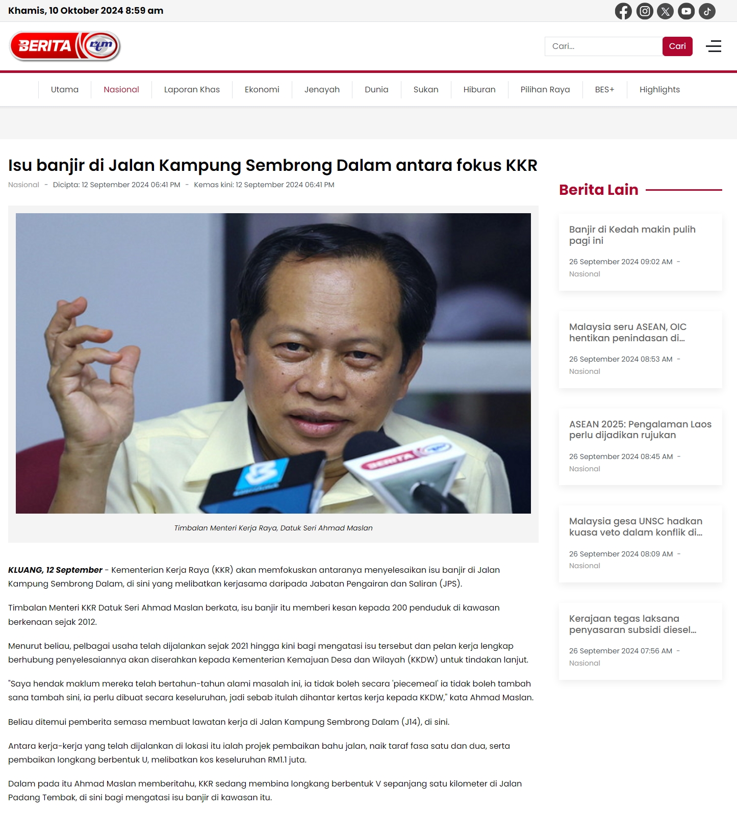 12 September 2024, Kluang - Isu banjir di Jalan Kampung Sembrong Dalam antara fokus KKR (Berita RTM)