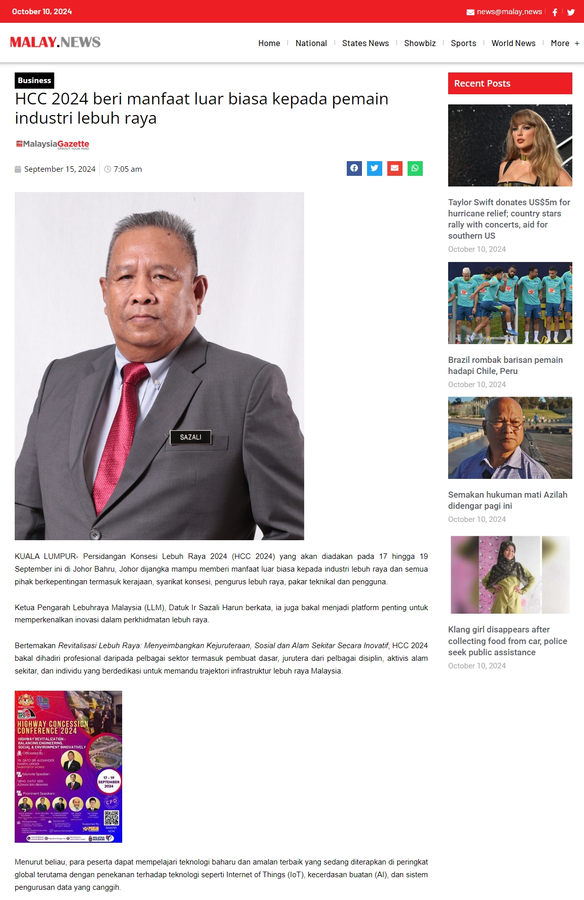 16 September 2024, Kuala Lumpur - HCC 2024 beri manfaat luar biasa kepada pemain industri lebuh raya (Malay.News)