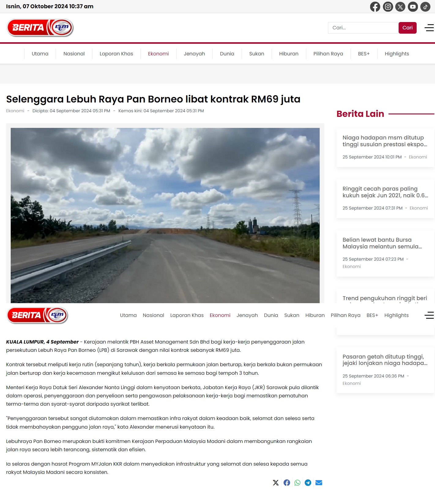 4 September 2024, Kuala Lumpur - Selenggara Lebuh Raya Pan Borneo libat kontrak RM69 juta (Berita RTM)