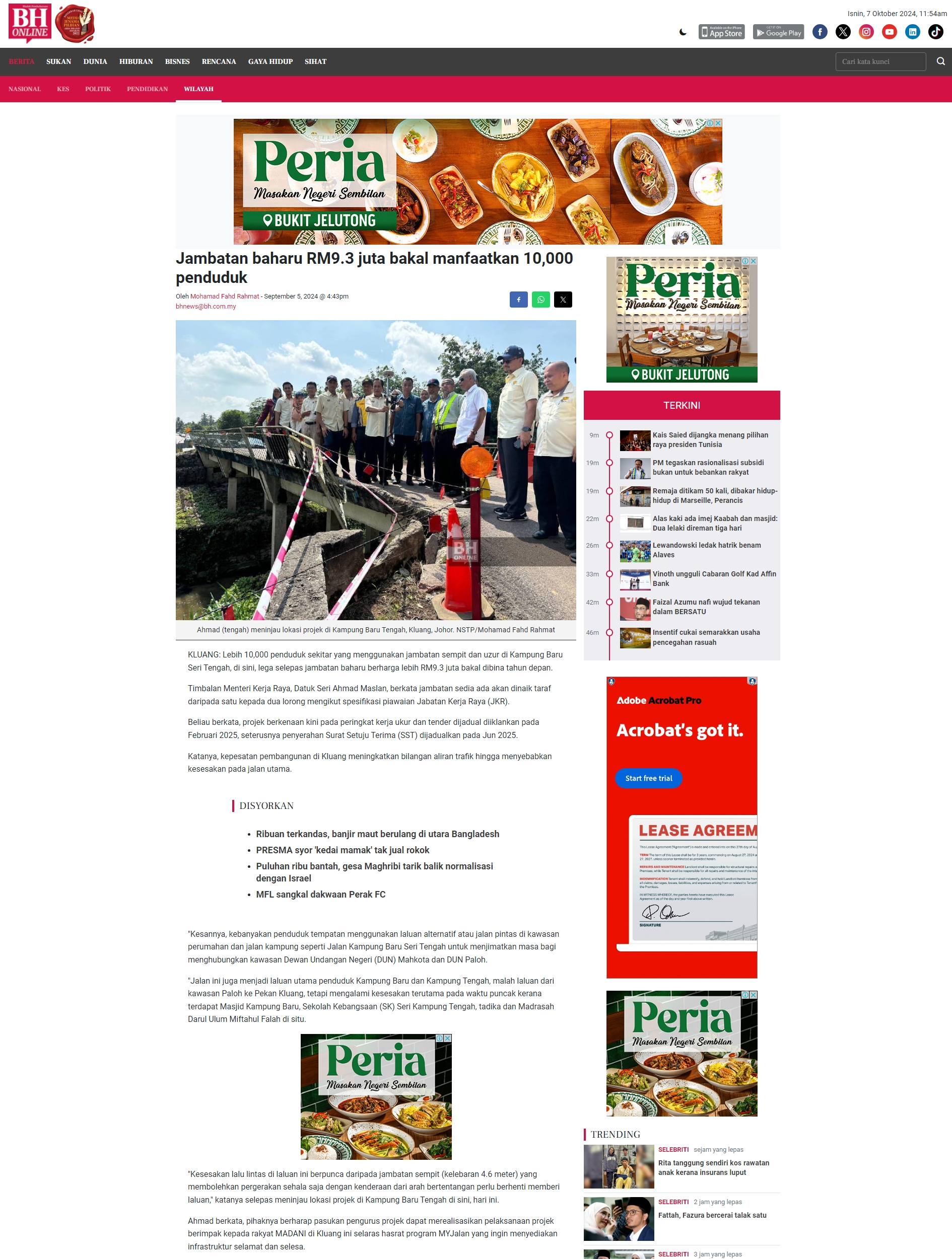 5 September 2024, Kluang, Johor – Jambatan baharu RM9.3 juta bakal manfaatkan 10,000 penduduk (Berita Harian)