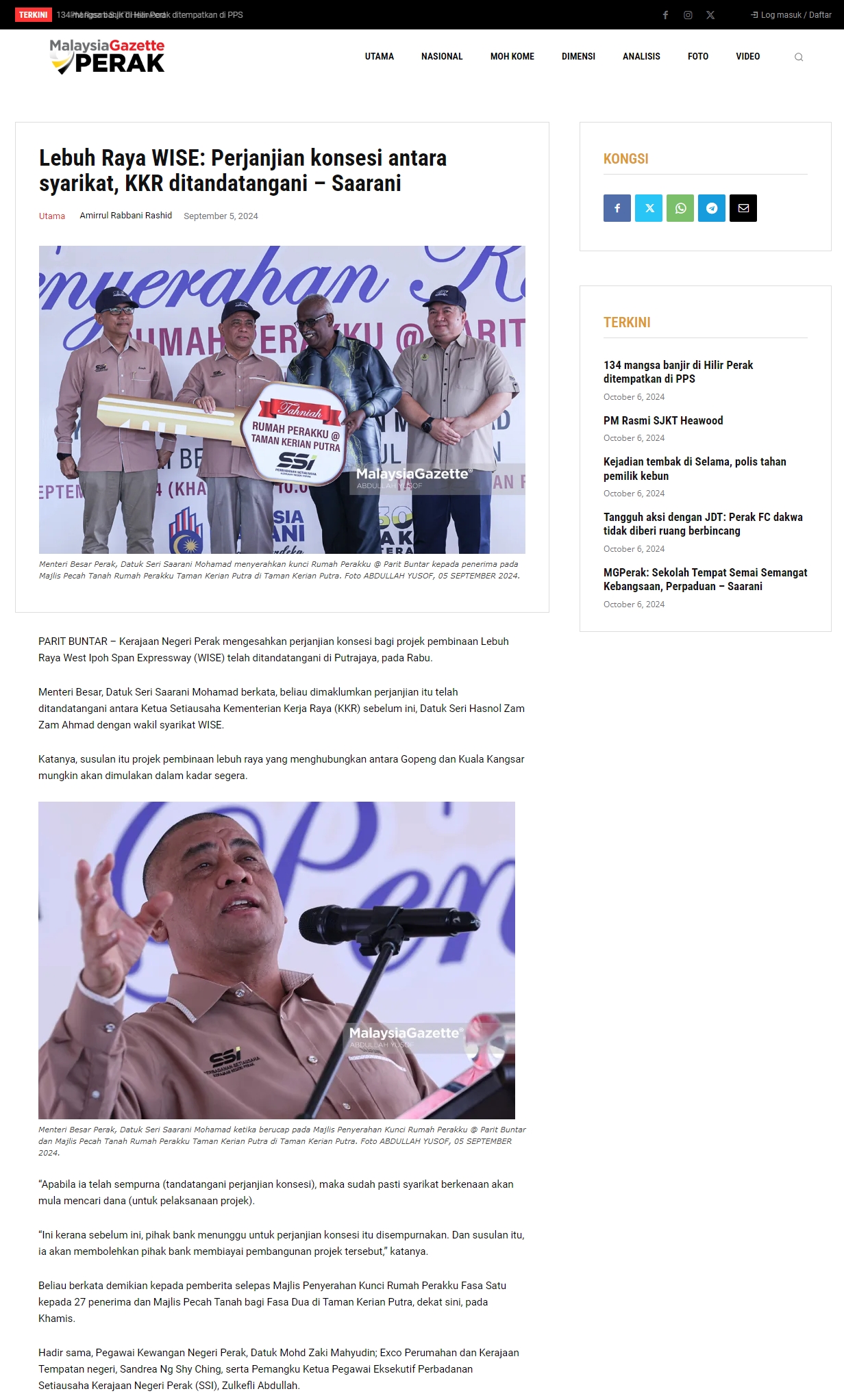 5 September 2024, Parit Buntar, Perak – Lebuh Raya WISE Perjanjian konsesi antara syarikat, KKR ditandatangani – Saarani